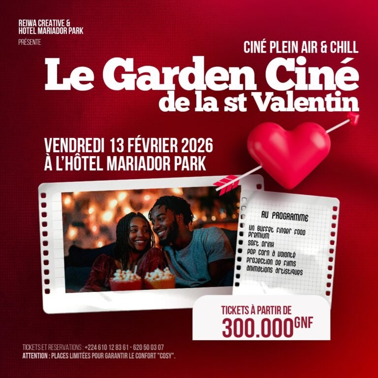 Affiche du Garden Ciné de la Saint-Valentin, soirée cinéma en couple à Conakry